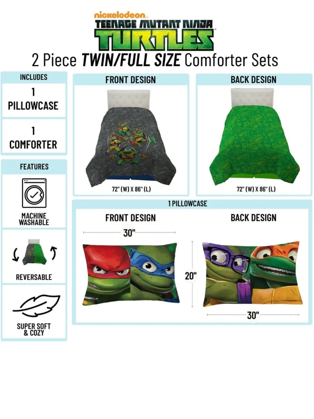 Teenage Mutant Ninja Turtles Kids 2 Piece Grey Reversible Set, Twin/Full